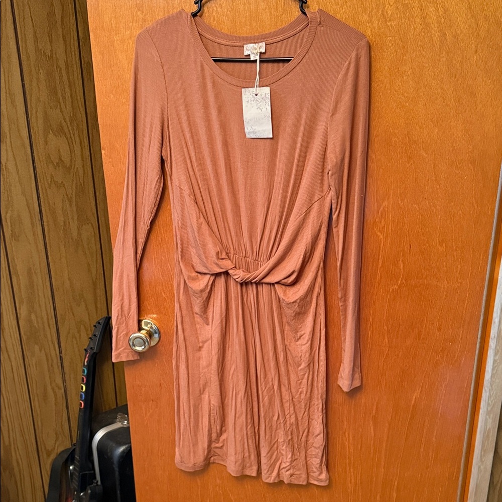 Hem & Thread Long-Sleeve Twist Front Mini Dress - Rust